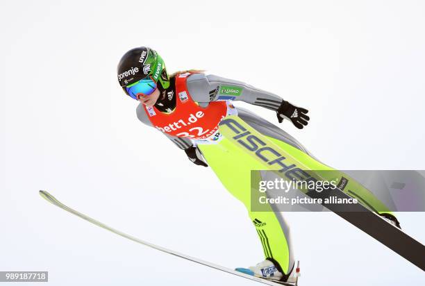 Spela Rogelj from Slovenia during her jump at the FIS Ladies Ski Jumping World Cup in Hinterzarten, Germany, 17 December 2017. Photo: Felix Kästle/dpa