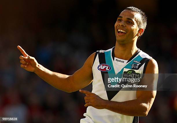 Danyle Pearce of the Power celebrates a goal during the round seven AFL match between the Essendon Bombers and the Port Adelaide Power at Etihad...