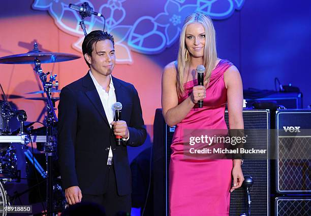 Olympic medalists Apollo Ohno and Lindsey Vonn speak onstage during the 17th Annual Race to Erase MS event co-chaired by Nancy Davis and Tommy...