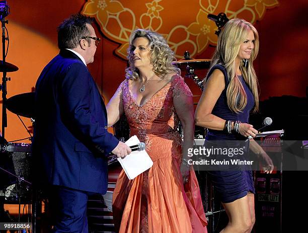Actor Tom Arnold, Nancy Davis and TV personality Nancy O'Dell onstage during the 17th Annual Race to Erase MS event co-chaired by Nancy Davis and...