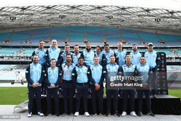 The New South Wales Blues line up during the New South Wales Blues State of Origin Team Announcement at ANZ Stadium on July 2, 2018 in Sydney,...