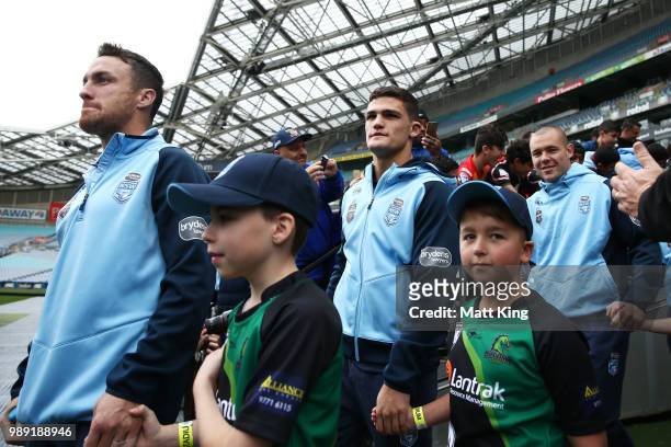 James Maloney and Nathan Cleary arrive during the New South Wales Blues State of Origin Team Announcement at ANZ Stadium on July 2, 2018 in Sydney,...