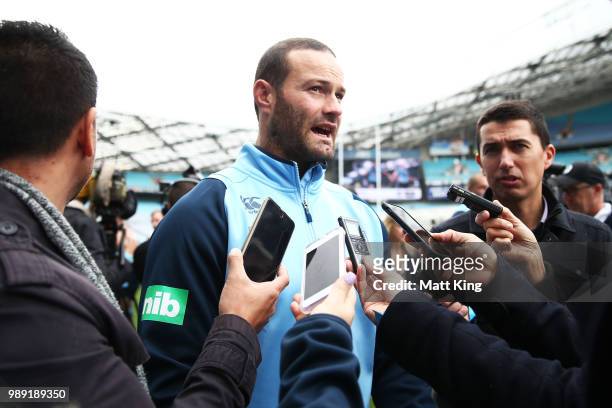 Boyd Cordner speaks to the media during the New South Wales Blues State of Origin Team Announcement at ANZ Stadium on July 2, 2018 in Sydney,...