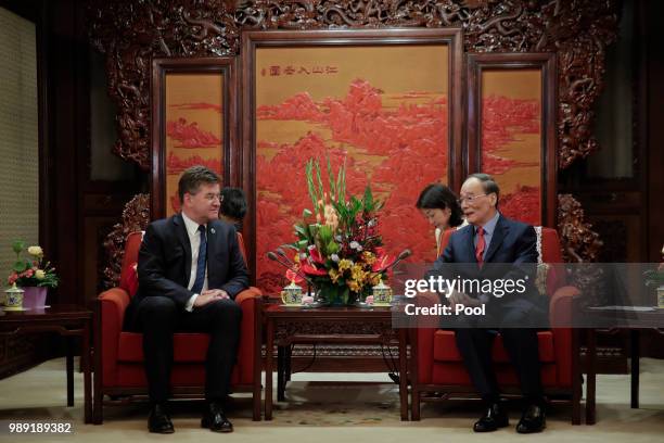 President of the United Nations General Assembly Miroslav Lajcak, left, meets with Chinese Vice President Wang Qishan at the Zhongnanhai Leadership...