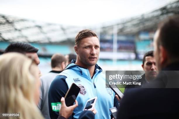 Tariq Sims speaks to the media during the New South Wales Blues State of Origin Team Announcement at ANZ Stadium on July 2, 2018 in Sydney, Australia.