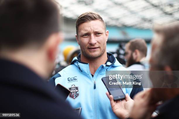 Tariq Sims speaks to the media during the New South Wales Blues State of Origin Team Announcement at ANZ Stadium on July 2, 2018 in Sydney, Australia.