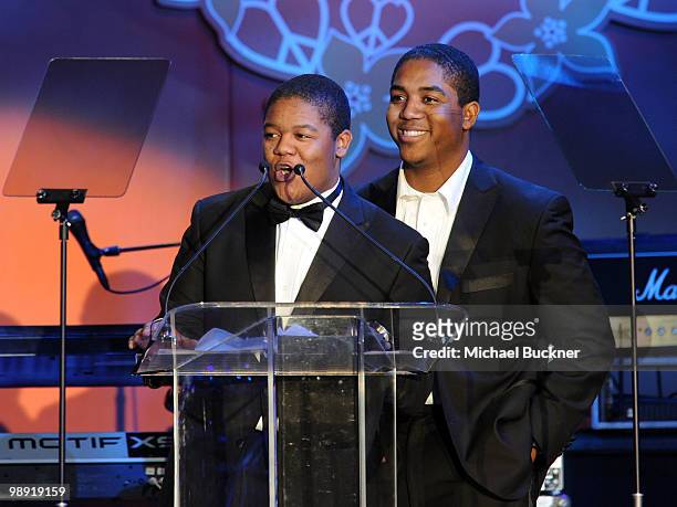 Actors Kyle Massey and Chris Massey speak onstage during the 17th Annual Race to Erase MS event co-chaired by Nancy Davis and Tommy Hilfiger at the...