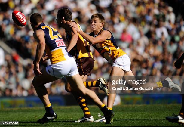 Brad Sheppard of the Eagles tackles during the round seven AFL match between the West Coast Eagles and the Hawthorn Hawks at Subiaco Oval on May 8,...