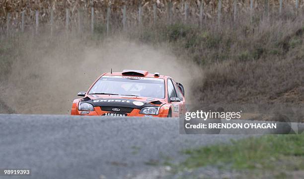 Stobart M Sport Ford rally team drivers in a Ford Focus RS, Henning Solberg of Norway and co driver Iika Minor of Austria drive during day 2 of the...