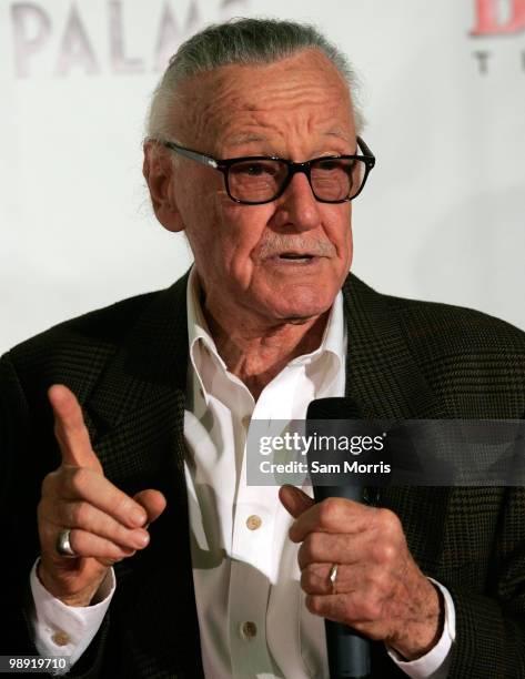 Comic book legend Stan Lee speaks before the unveiling of his celebrity star at the Brenden Theatres inside the Palms Casino Resort May 7, 2010 in...