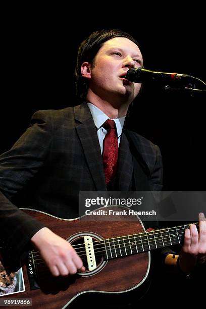 Singer Konstantin Gropper of the German band Get Well Soon performs live during a concert at the Volksbuehne on May 7, 2010 in Berlin, Germany. The...