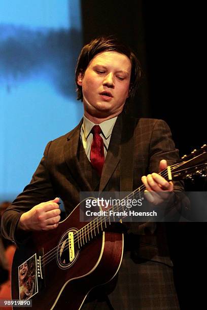 Singer Konstantin Gropper of the German band Get Well Soon performs live during a concert at the Volksbuehne on May 7, 2010 in Berlin, Germany. The...