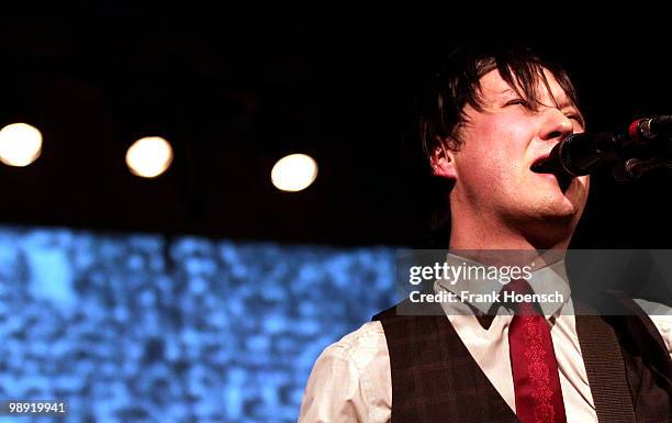 Singer Konstantin Gropper of the German band Get Well Soon performs live during a concert at the Volksbuehne on May 7, 2010 in Berlin, Germany. The...