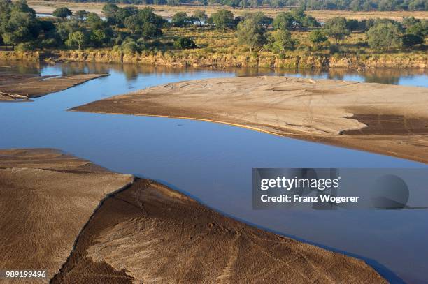 sandbanks in the luangwa river, aerial view, south luangwa national park, zambia - sandbanks bildbanksfoton och bilder