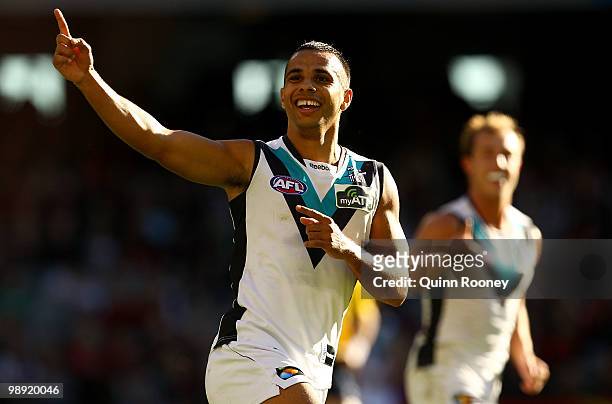 Danyle Pearce of the Power celebrates kicking a goal during the round seven AFL match between the Essendon Bombers and the Port Adelaide Power at...