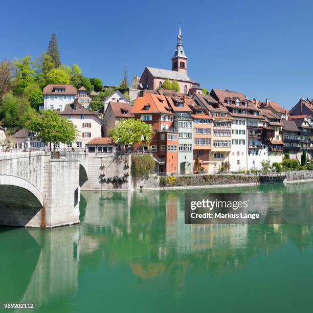 townscape with heilig-geist-kirche, or holy ghost church, high rhine, laufenburg, black forest, baden-wuerttemberg, germany - kirche stock pictures, royalty-free photos & images