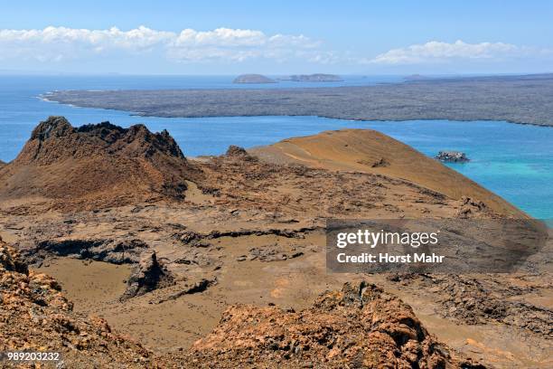 craters and lava formations, view from the lighthouse on bartolome islands over parts of the western peninsula, santiago island, also san salvador island, and other islands behind, galapagos province, galapagos islands, ecuador - isla san salvador stock pictures, royalty-free photos & images