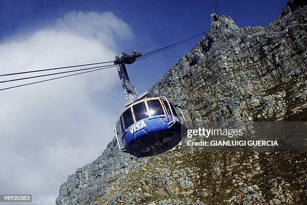 Cable car makes its way up on the Table mountain cableway on May 7, 2010 in Cape Town, South Africa. Table Mountain cableway has been running for...