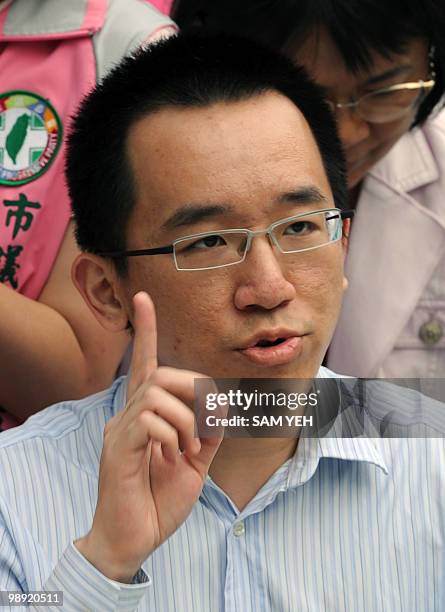 Chen Chih-chung, son of jailed former Taiwan president Chen Shui-bian, speaks during a rally to demand Chen Shui-bian's release from prison in Taipei...