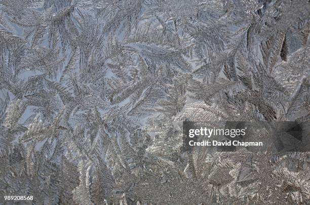 ice and frost on a window, eastern townships, waterloo, quebec, canada - eiskristall stock-fotos und bilder