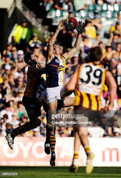 Quinten Lynch of the Eagles marks during the round seven AFL match between the West Coast Eagles and the Hawthorn Hawks at Subiaco Oval on May 8,...