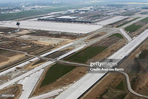In this aerial view the construction site of the new Airport Berlin Brandenburg International BBI is pictured on May 8, 2010 in Schoenefeld, Germany....
