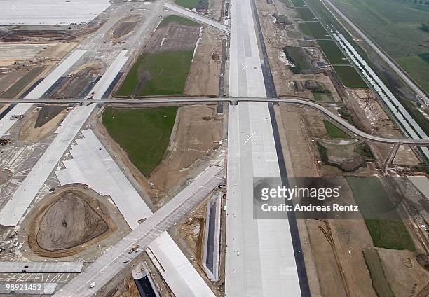 In this aerial view the construction site of the new Airport Berlin Brandenburg International BBI is pictured on May 8, 2010 in Schoenefeld, Germany....