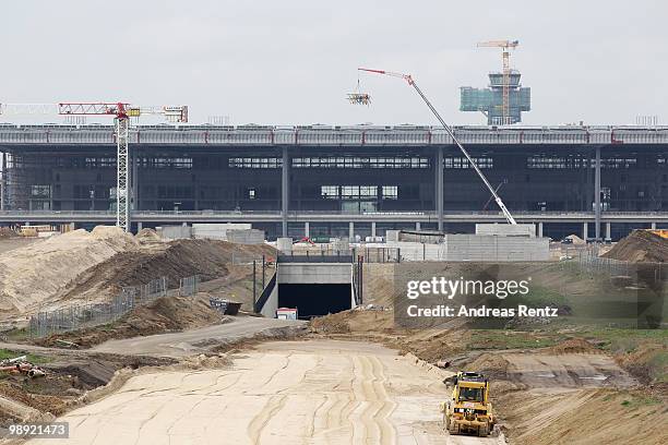 In this view the new main terminal and the construction site of the new Airport Berlin Brandenburg International BBI are pictured on May 8, 2010 in...