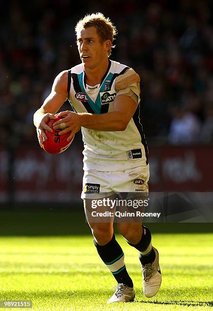 Brett Ebert of the Power kicks during the round seven AFL match between the Essendon Bombers and the Port Adelaide Power at Etihad Stadium on May 8,...