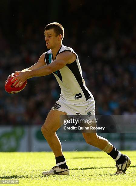 Robbie Gray of the Power kicks during the round seven AFL match between the Essendon Bombers and the Port Adelaide Power at Etihad Stadium on May 8,...