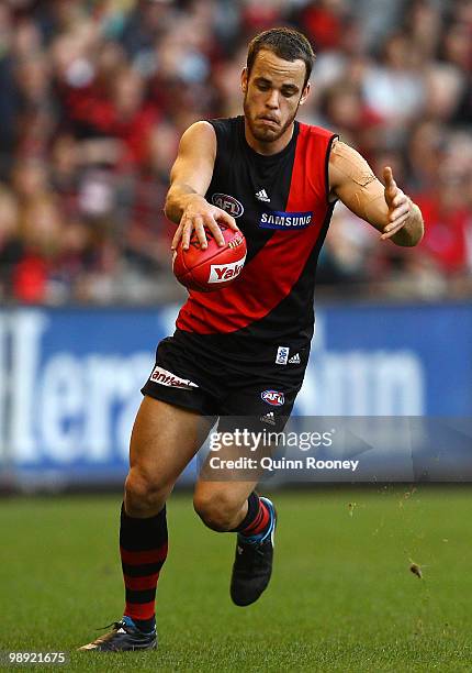 Sam Lonergan of the Bombers kicks during the round seven AFL match between the Essendon Bombers and the Port Adelaide Power at Etihad Stadium on May...