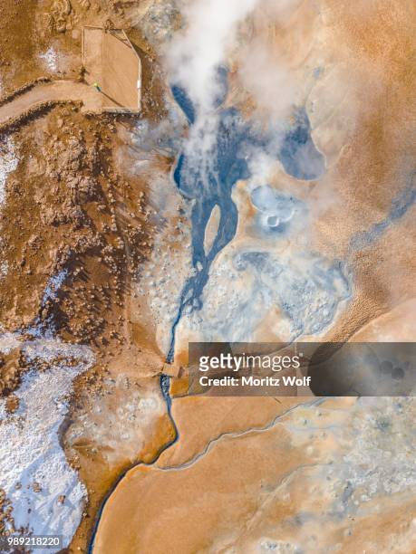 aerial view, steaming river and fumaroles, geothermal area hveraroend, also hverir or namaskard, north iceland, iceland - nordurland eystra imagens e fotografias de stock