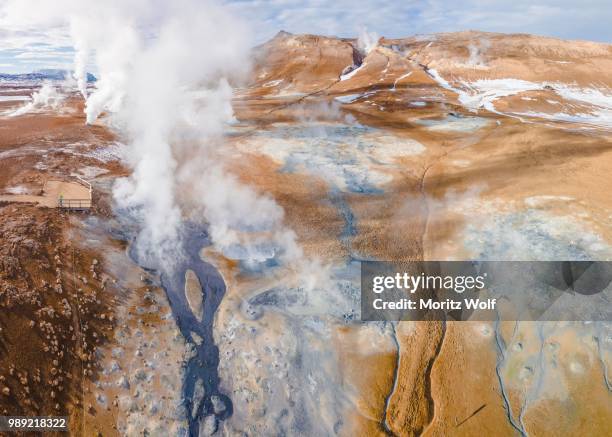 aerial view, steaming river and fumaroles, geothermal area hveraroend, also hverir or namaskard, north iceland, iceland - nordurland eystra imagens e fotografias de stock