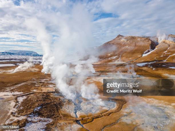 aerial view, steaming river and fumaroles, geothermal area hveraroend, also hverir or namaskard, north iceland, iceland - namafjall stock pictures, royalty-free photos & images