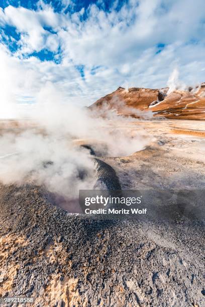 steaming hot springs, geothermal area hveraroend, also hverir or namaskard, northern iceland, iceland - namafjall stock pictures, royalty-free photos & images