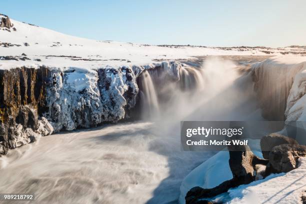 falling water masses of the selfoss waterfall in winter, gorge, north iceland, iceland - skaftafell national park stock pictures, royalty-free photos & images