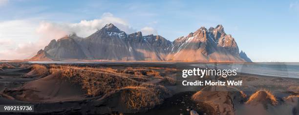 evening atmosphere at the long lava beach, black sandy beach, dunes covered with dry grass, mountains klifatindur, eystrahorn and kambhorn, headland stokksnes, mountain range klifatindur, austurland, east iceland, iceland - austurland stock pictures, royalty-free photos & images