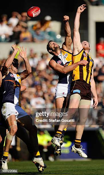 Darren Glass of the Eagles spoils the mark of Jarryd Roughead of the Hawks during the round seven AFL match between the West Coast Eagles and the...