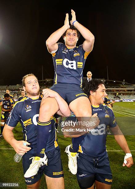 George Smith of the Brumbies is chaired from the field after his last home game after the round 13 Super 14 match between the Brumbies and the...