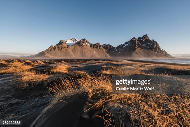 lava beach, black sand beach, overgrown dunes, mountains klifatindur, eystrahorn and kambhorn, headland stokksnes, massif klifatindur, austurland, east iceland, iceland - austurland stock pictures, royalty-free photos & images