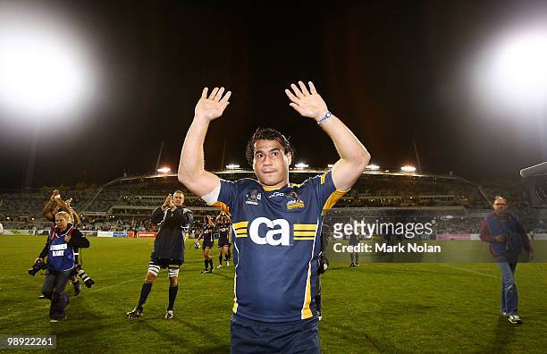George Smith of the Brumbies fairwells the crowd after his last home game after the round 13 Super 14 match between the Brumbies and the Highlanders...