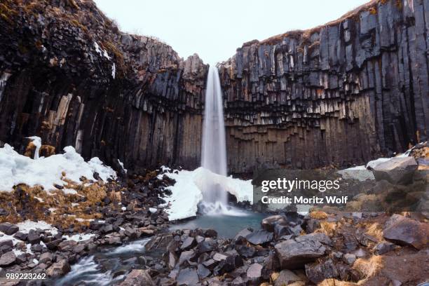 svartifoss waterfall, black falls, river storilaekur, basalt columns, skaftafell national park, southern region, iceland - parc national de skaftafell photos et images de collection