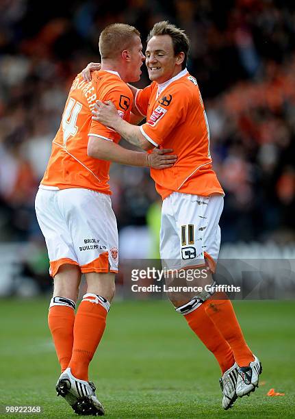 Keith Southern of Blackpool celebrates his sides first goal with David Vaughan during the Coca-Cola Championship Playoff Semi Final 1st Leg match at...