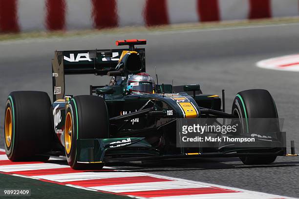 Jarno Trulli of Italy and Lotus drives during the final practice session prior to qualifying for the Spanish Formula One Grand Prix at the Circuit de...
