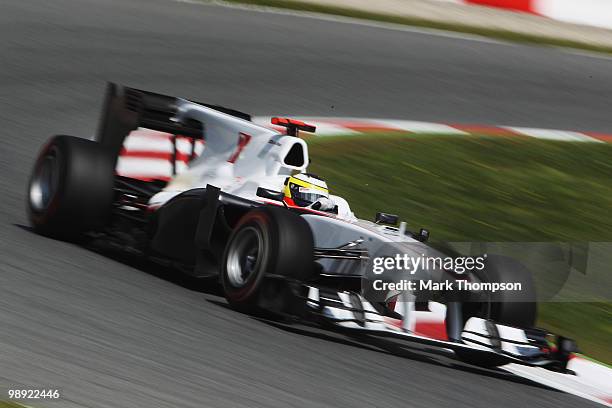 Pedro de la Rosa of Spain and BMW Sauber drives during the final practice session prior to qualifying for the Spanish Formula One Grand Prix at the...