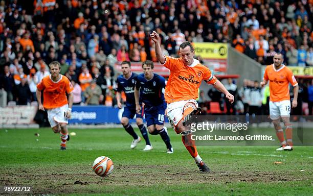 Charlie Adam of Blackpool scores from the spot during the Coca-Cola Championship Playoff Semi Final 1st Leg match at Bloomfield Road on May 8, 2010...
