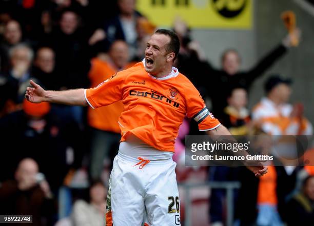 Charlie Adam of Blackpool celebrates scoring from the pemalty spot during the Coca-Cola Championship Playoff Semi Final 1st Leg match at Bloomfield...