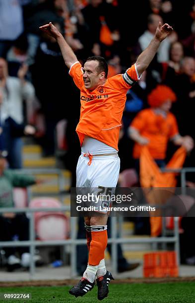 Charlie Adam of Blackpool celebrates scoring from the pemalty spot during the Coca-Cola Championship Playoff Semi Final 1st Leg match at Bloomfield...