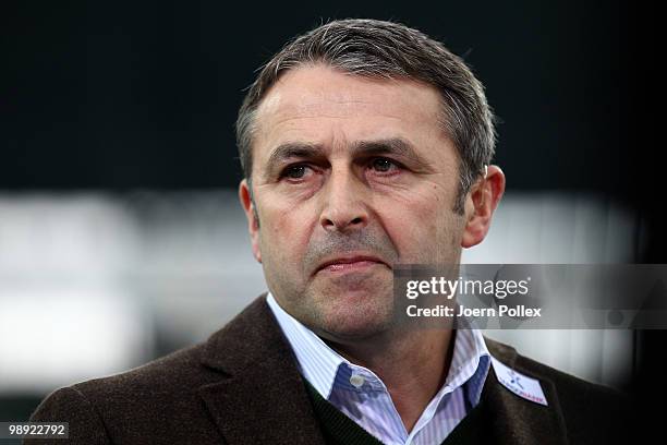 Manager Klaus Allofs of Bremen is seen prior to the ball during the Bundesliga match between SV Werder Bremen and Hamburger SV at Weser Stadium on...