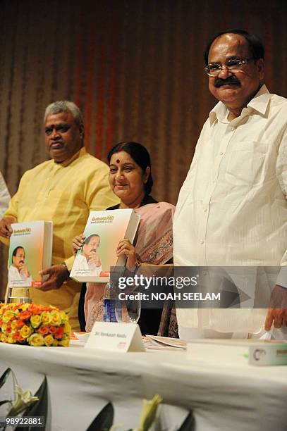 Opposition Bharatiya Janata Party senior leaders Yerram Naidu, Sushma Swaraj and Venkaiah Naidu attend a book release function in Hyderabad on May 8,...